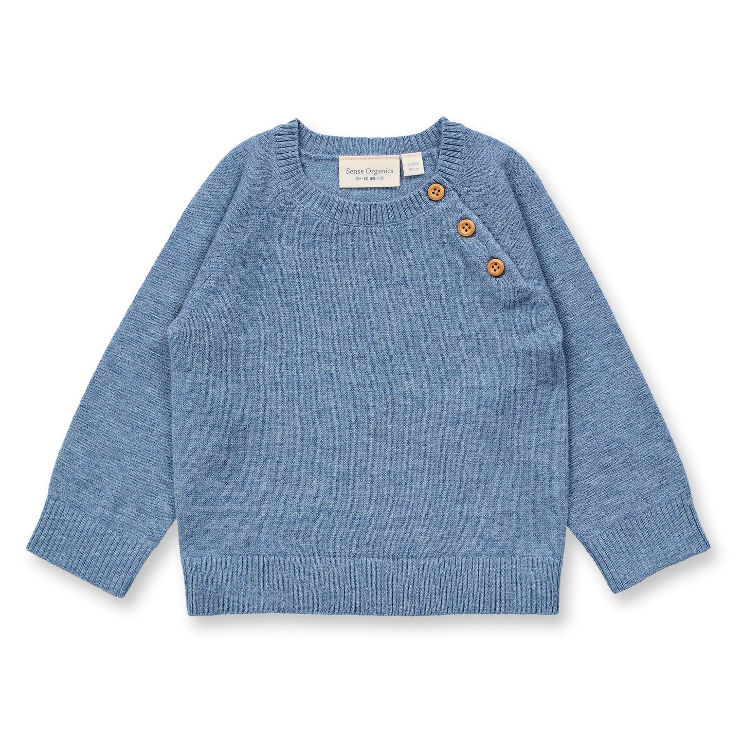 Sense Organics Baby Strickpullover in denimblau mélange, Modell SIROO aus Merinowolle