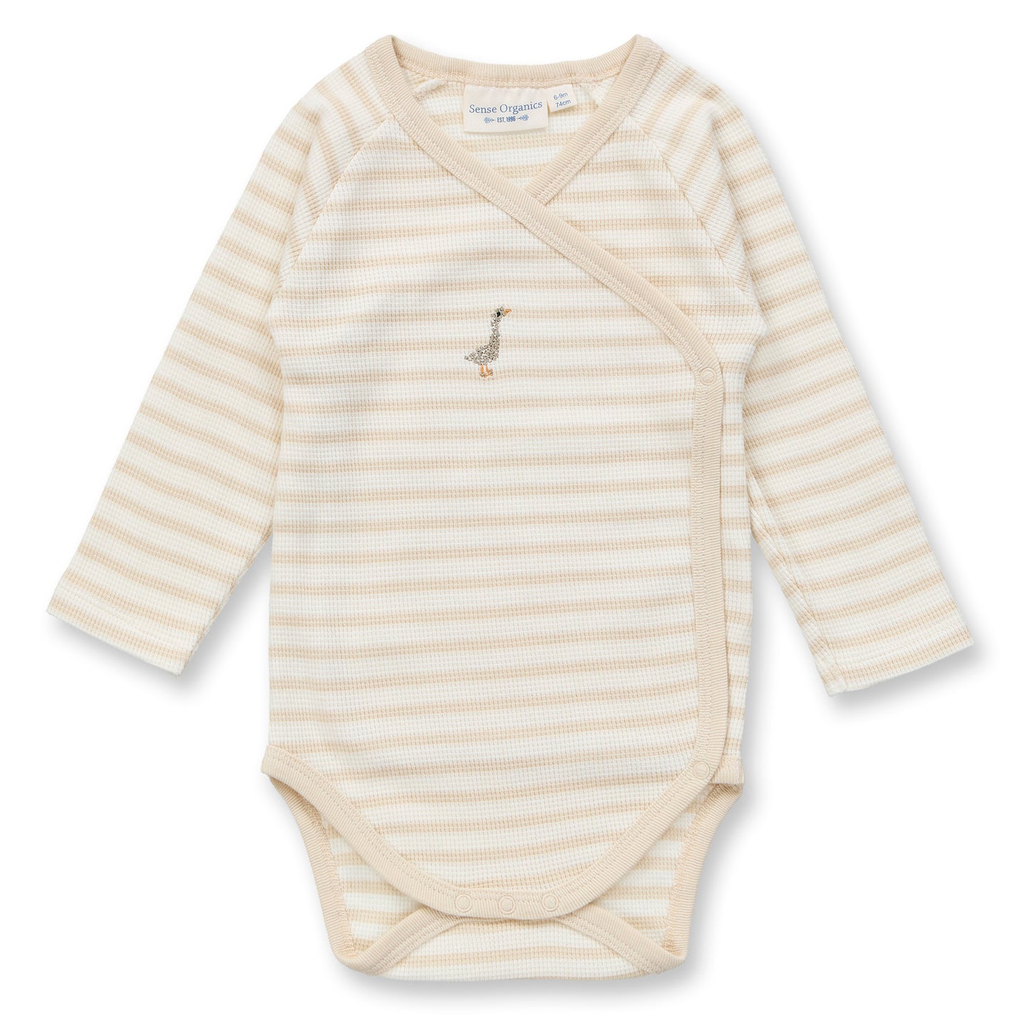 Sense Organics Baby Wickelbody geringelt mit Enten-Stickerei, Modell YGON, aus Bio-Baumwolle GOTS