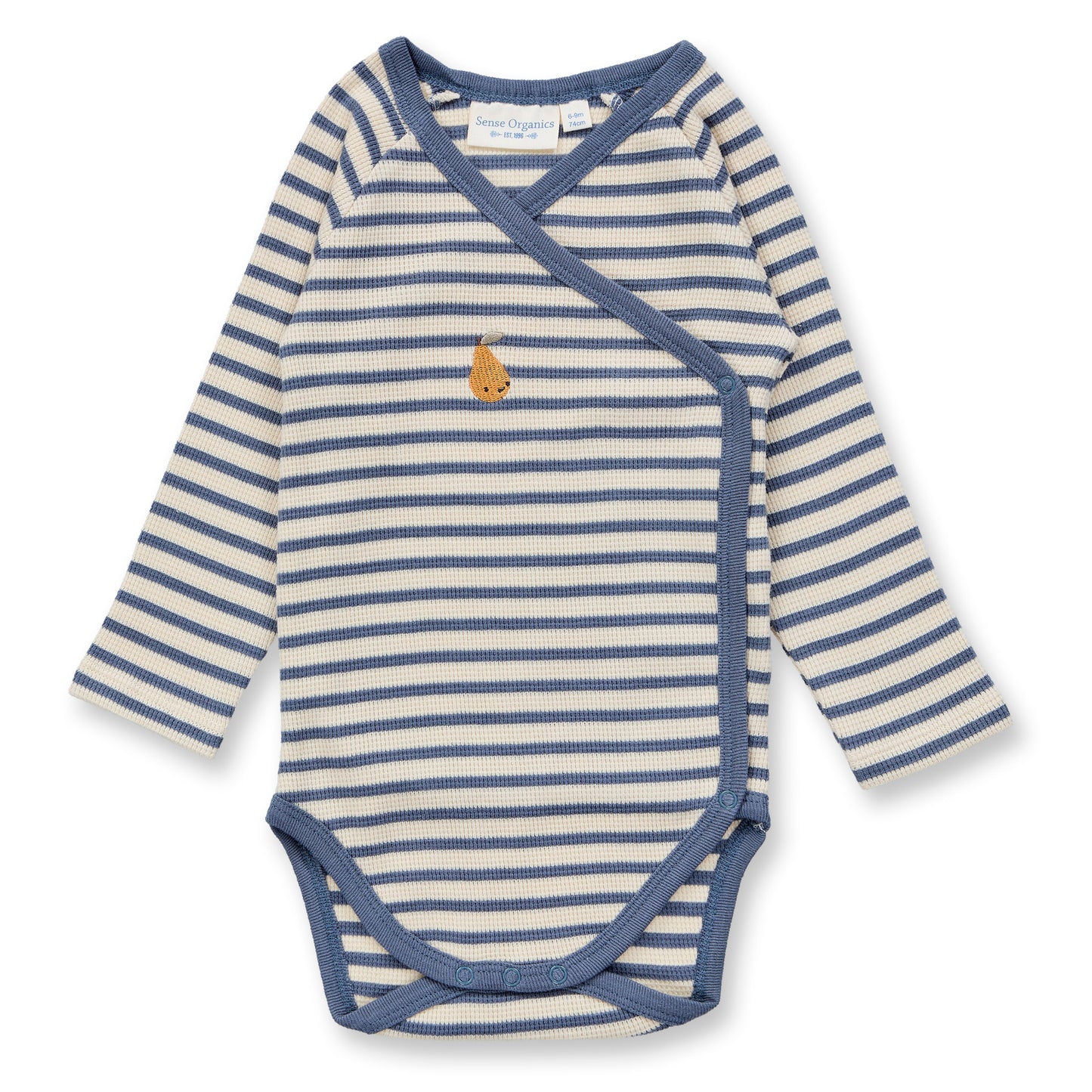 Sense Organics Baby Wickelbody geringelt mit Birnenmotiv, Modell YGON, aus Bio-Baumwolle GOTS