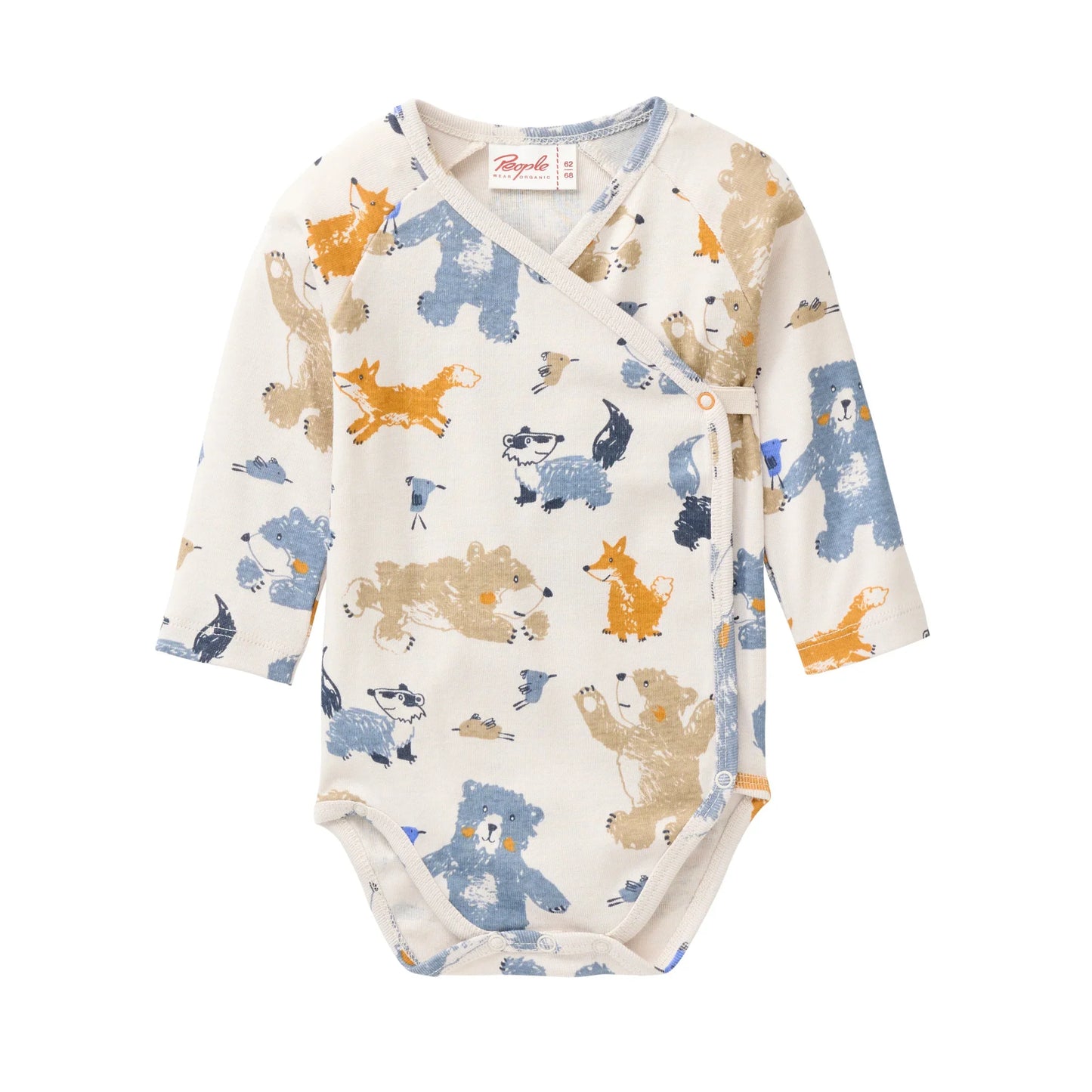 People Wear Organic Langarm Wickelbody in beige mit Waldtierprint aus Bio-Baumwolle GOTS