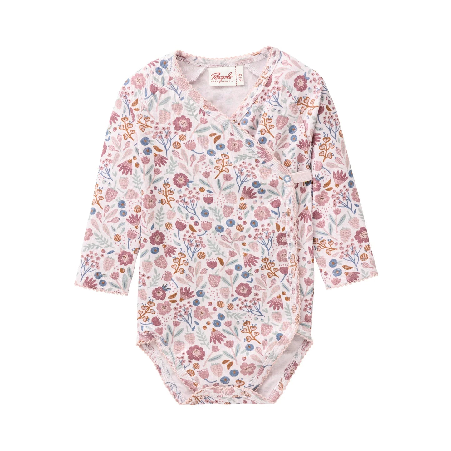 People Wear Organic Langarm Wickelbody in rosenholz bedruckt mit Herbstblüten aus Bio-Baumwolle GOTS