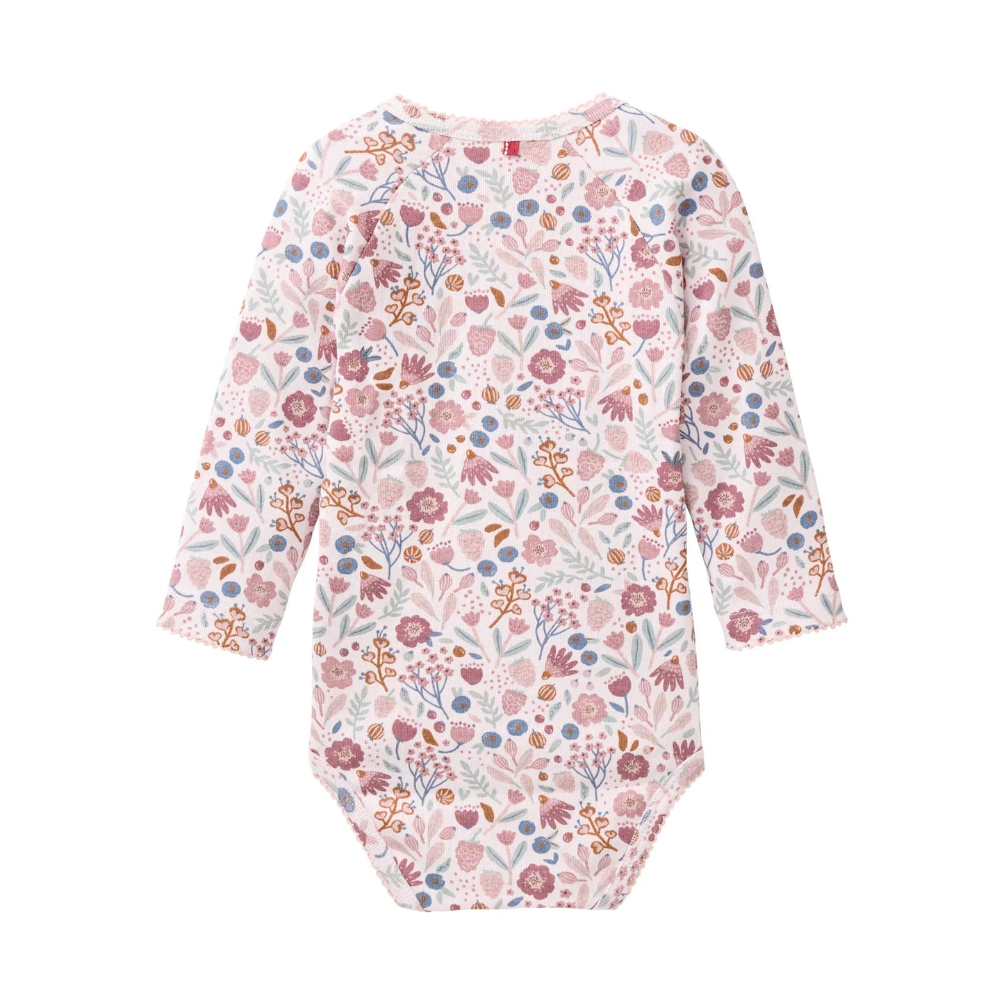 People Wear Organic Langarm Wickelbody in rosenholz bedruckt mit Herbstblüten aus Bio-Baumwolle GOTS