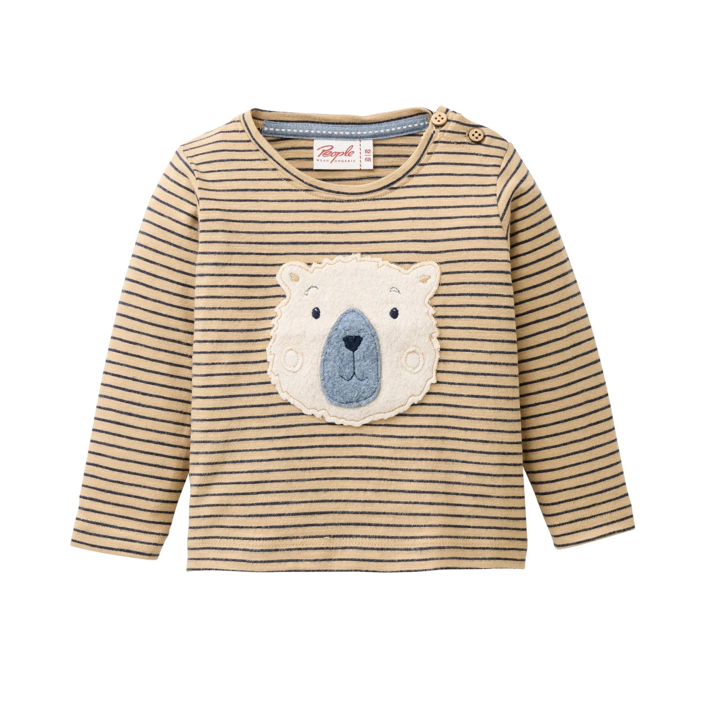 People Wear Organic Langarm Shirt in beige geringelt mit Applikation "Bär"aus Bio-Baumwolle GOTS