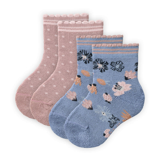 People Wear Organic Frottee Socken, 2er Pack, rosa gepunktet  und blau gemustert mit Motiv "Blumen", Bio-Baumwolle GOTS