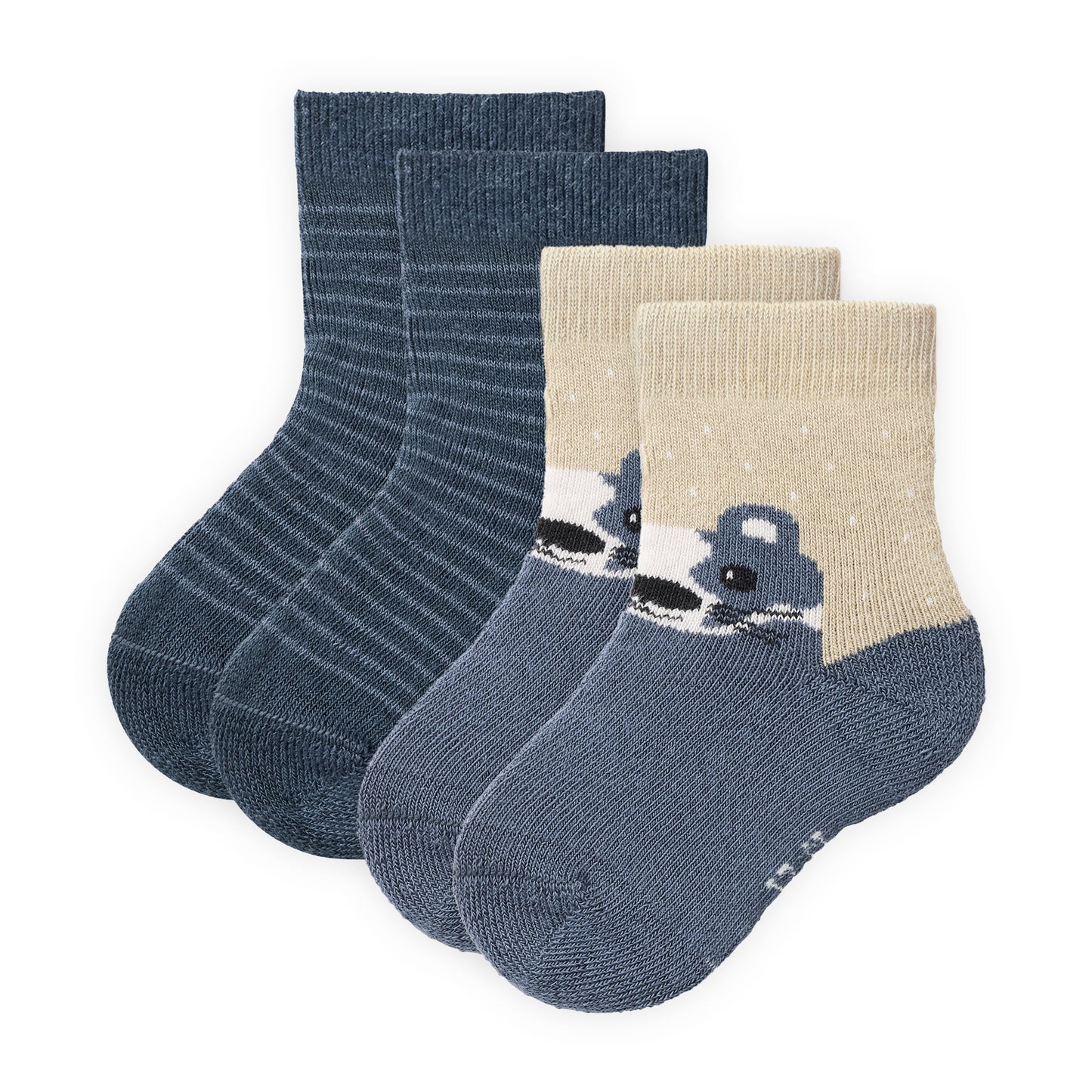 People Wear Organic Frottee Socken, 2er Pack, blau geringelt und blau mit Motiv "Dachs", Bio-Baumwolle, GOTS