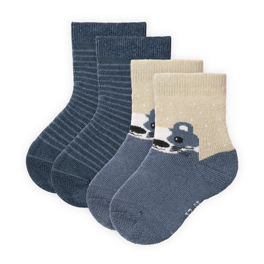 People Wear Organic Frottee Socken, 2er Pack, blau geringelt  und blau mit Motiv "Dachs", Bio-Baumwolle, GOTS