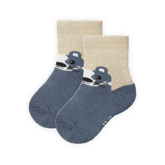 People Wear Organic Frottee Socken, 2er Pack, blau geringelt  und blau mit Motiv "Dachs", Bio-Baumwolle, GOTS
