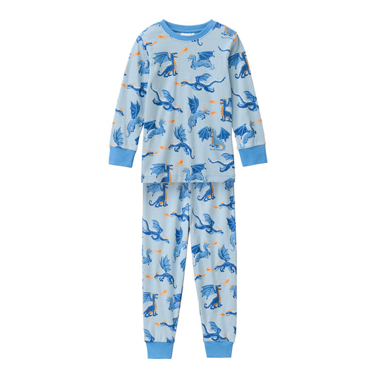 People Wear Organic Pyjama, blau bedruckt "Drachen", Bio-Baumwolle, GOTS
