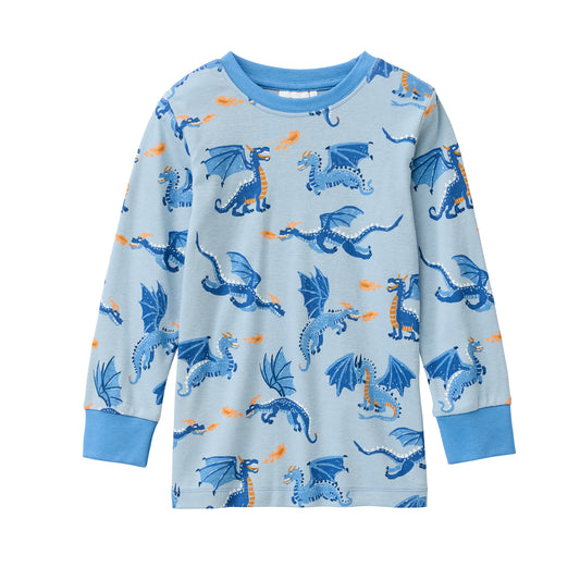 People Wear Organic Pyjama, blau bedruckt "Drachen", Bio-Baumwolle, GOTS