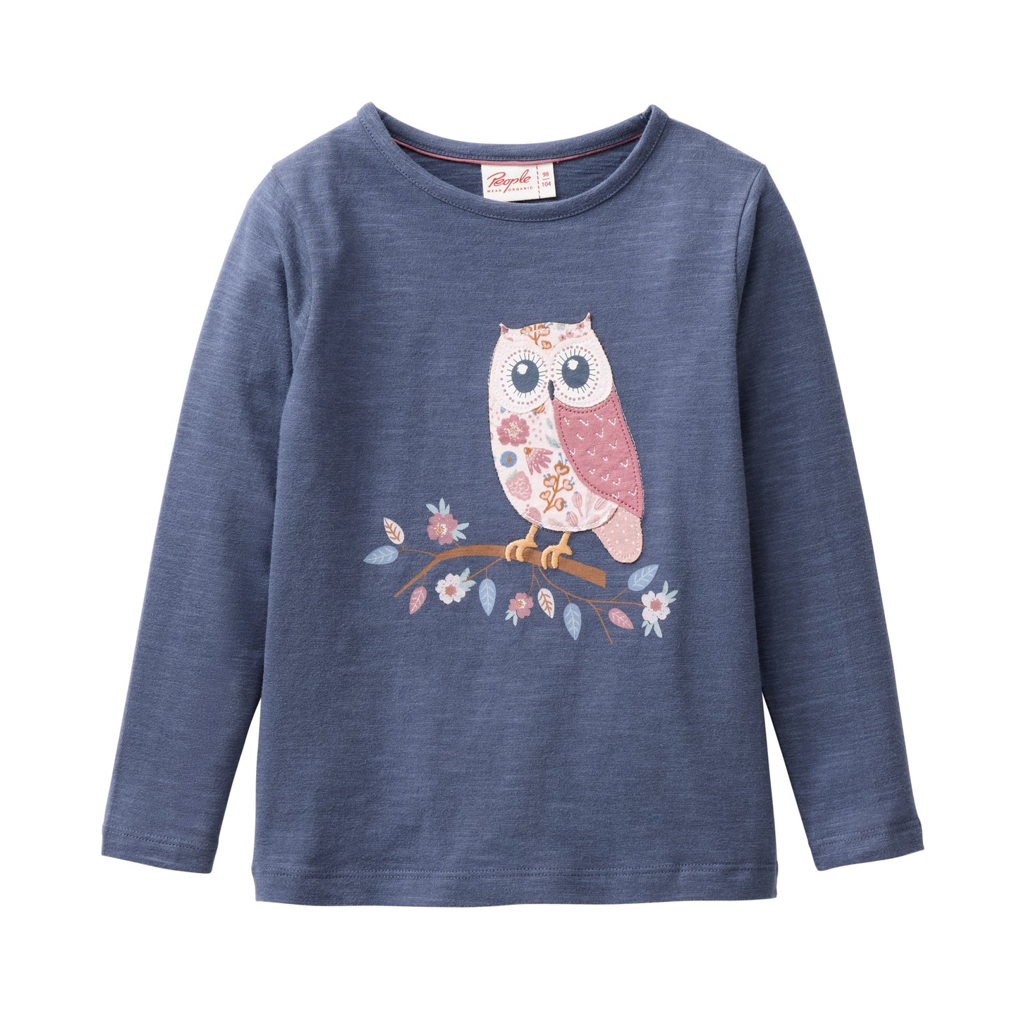 People Wear OrganicLangarm Shirt, blau, "Eule", Bio-Baumwolle GOTS