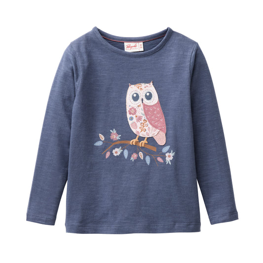 People Wear OrganicLangarm Shirt, blau,  "Eule", Bio-Baumwolle GOTS