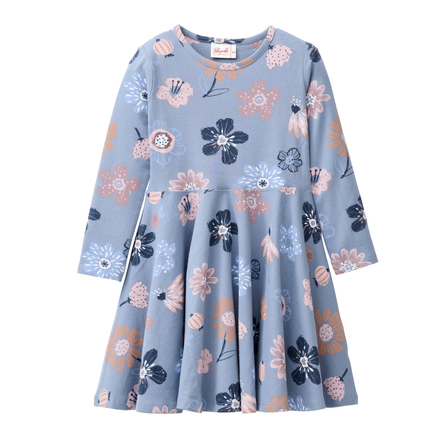 People Wear Organic Langarm Kleid, blau bedruckt, "große Herbstblumen", Bio-Baumwolle