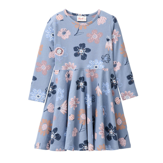 People Wear Organic Langarm Kleid, blau bedruckt,  "große Herbstblumen", Bio-Baumwolle