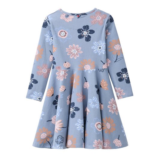 People Wear Organic Langarm Kleid, blau bedruckt,  "große Herbstblumen", Bio-Baumwolle