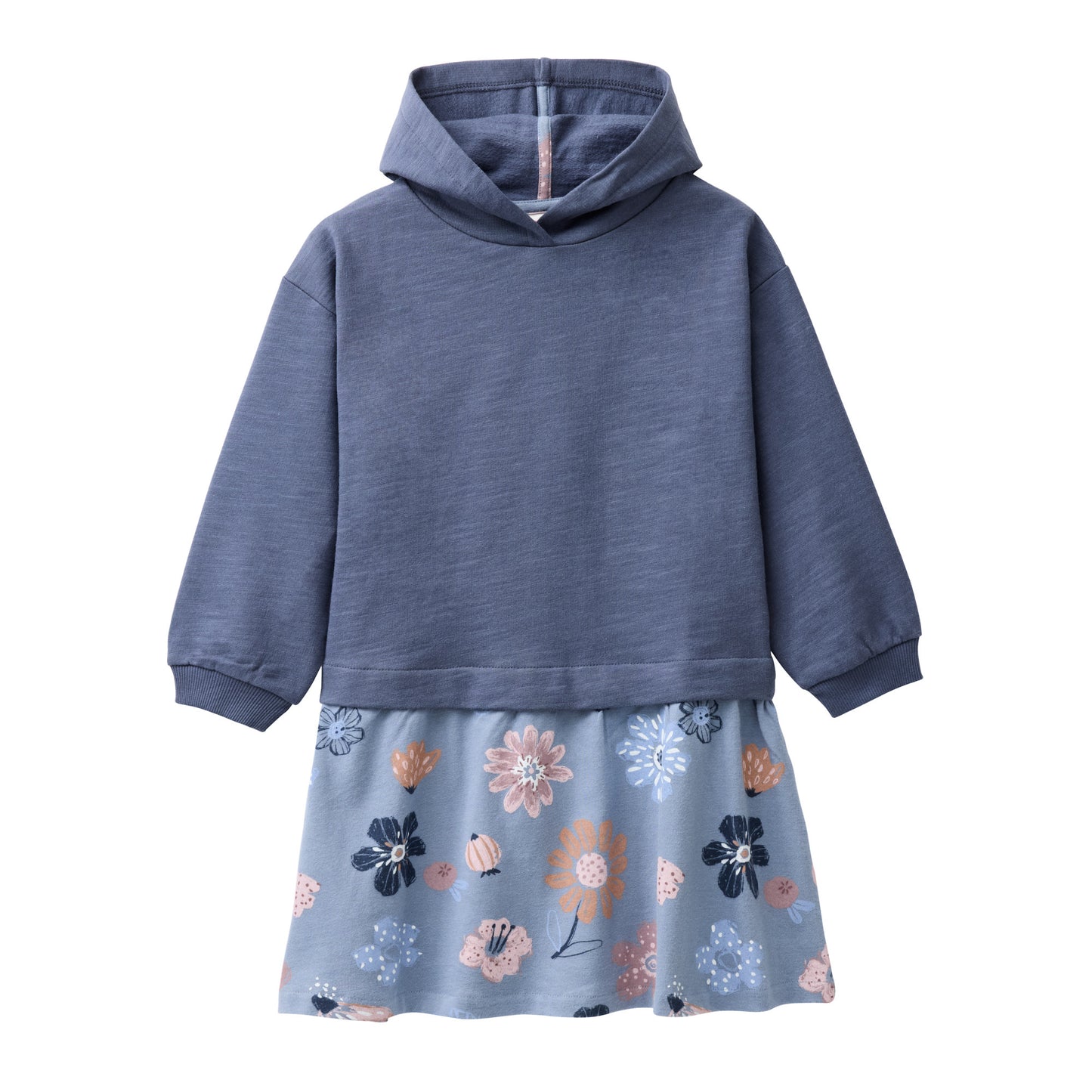 People Wear Organic Sweat Kleid, blau uni und blau bedruckt "große Herbstblumen", Bio-Baumwolle, GOTS