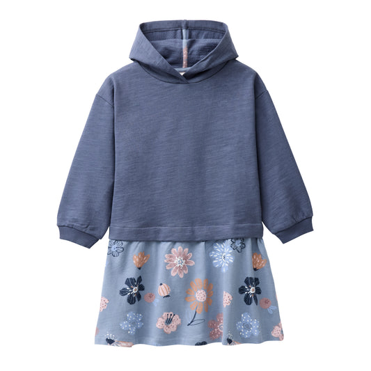 People Wear Organic Sweat Kleid, blau uni und blau bedruckt  "große Herbstblumen", Bio-Baumwolle, GOTS