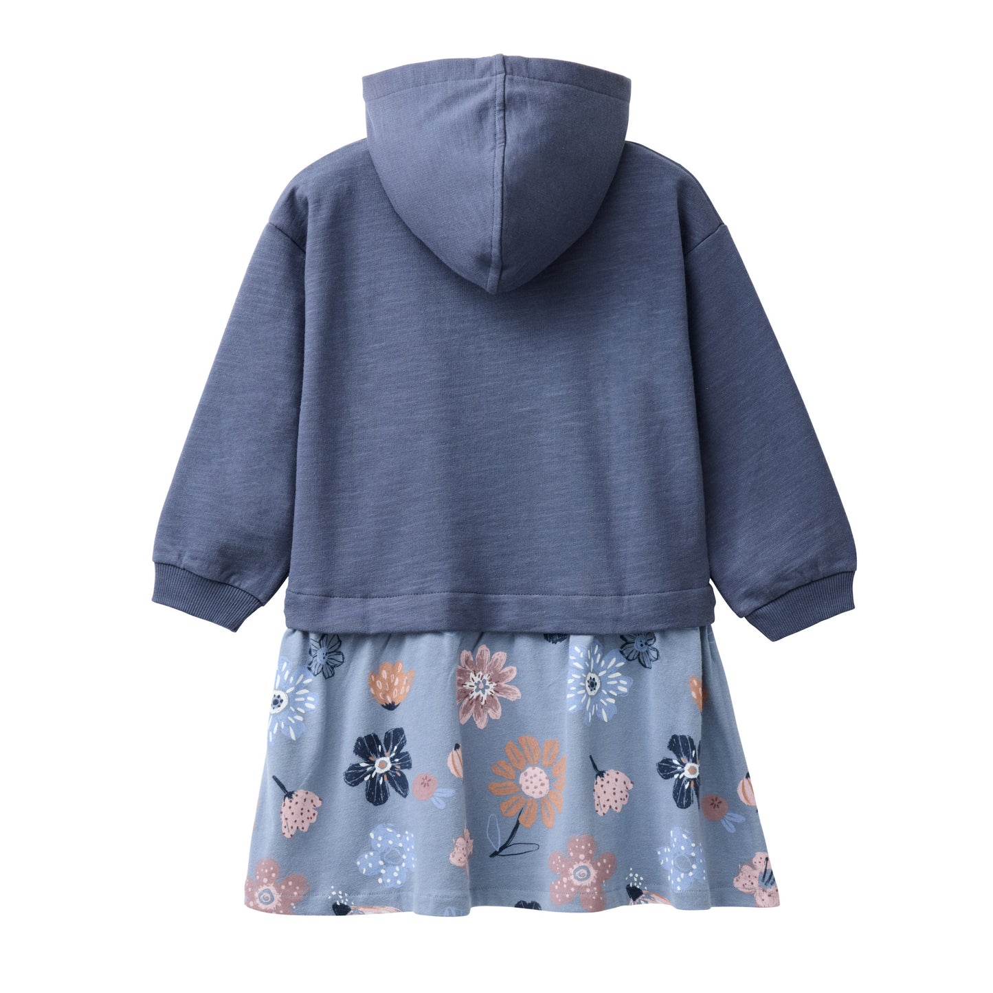 People Wear Organic Sweat Kleid, blau uni und blau bedruckt "große Herbstblumen", Bio-Baumwolle, GOTS