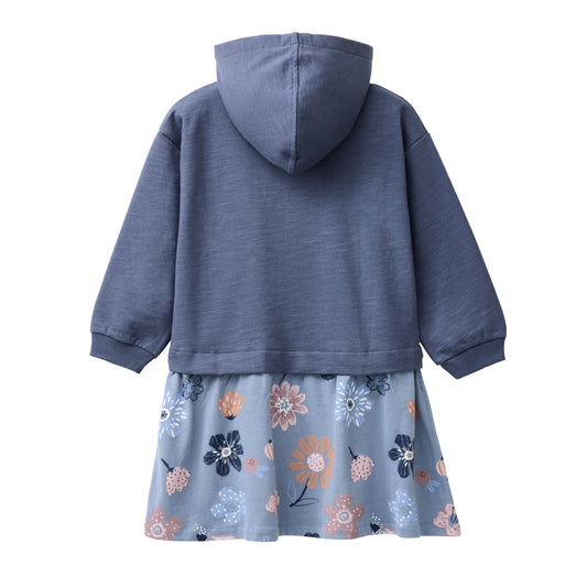 People Wear Organic Sweat Kleid, blau uni und blau bedruckt  "große Herbstblumen", Bio-Baumwolle, GOTS