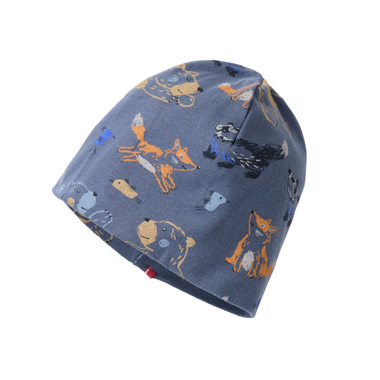 People Wear Organic Beanie, blau bedruckt, "Waldtiere",  Bio-Baumwolle GOTS