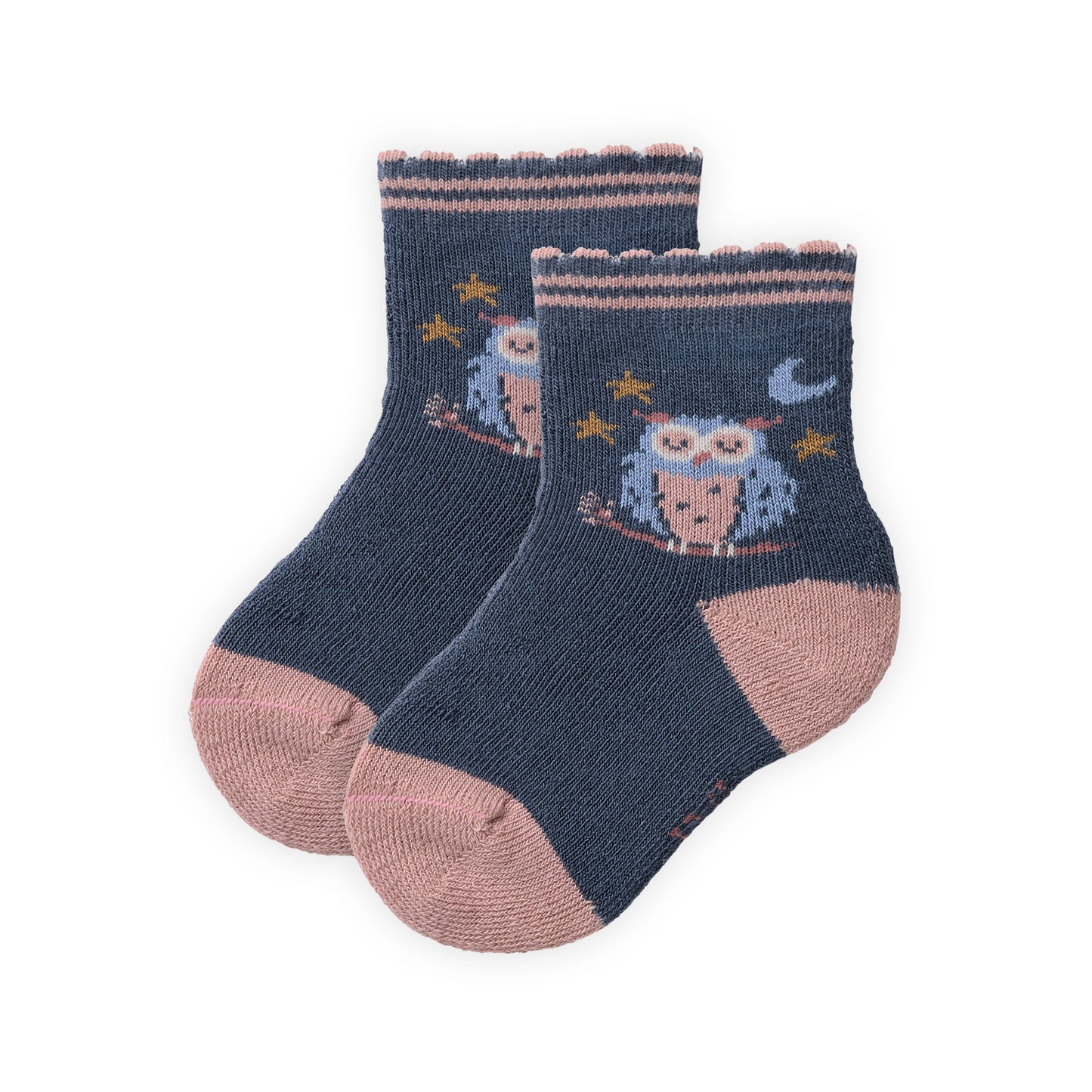 People Wear Organic Frottee Socken in indigoblau mit Motiv "Eule" GOTS