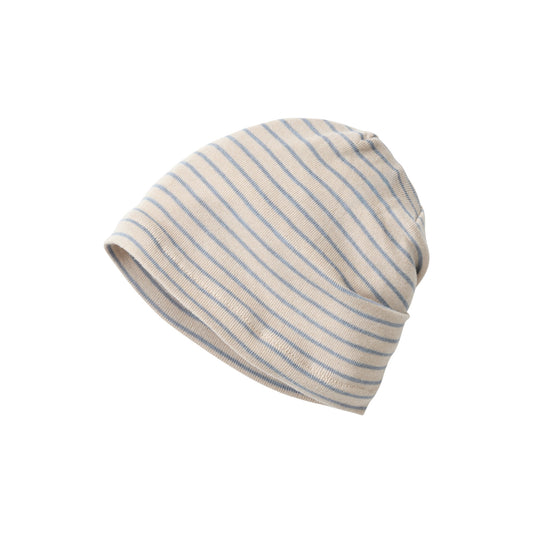 People Wear Organic Wendemütze in sand bedruckt mit Zootier-Print und rauchblau geringelt GOTS