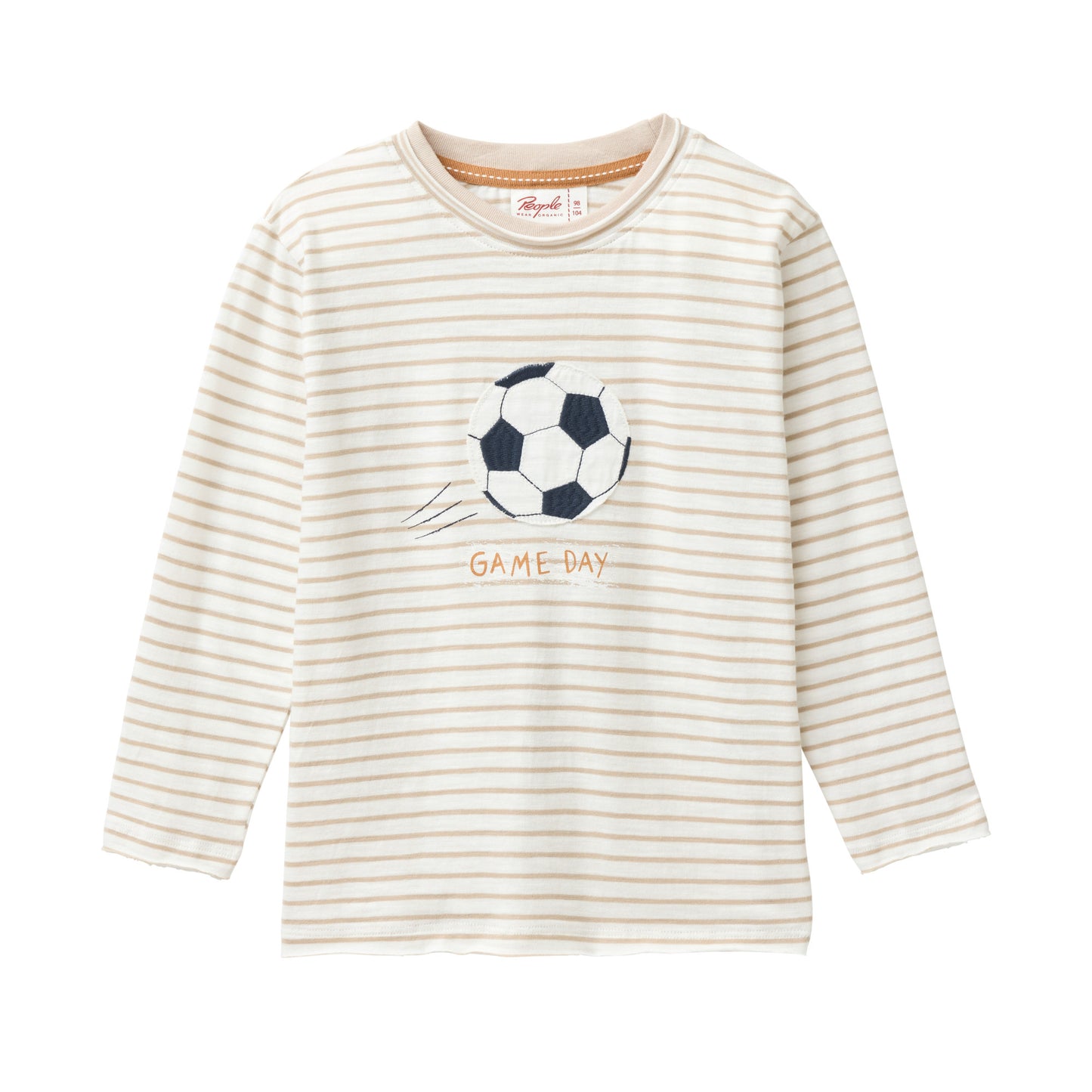 People Wear Organic Langarm Shirt in dunkelsand geringelt mit "Fußball"-Applikation GOTS