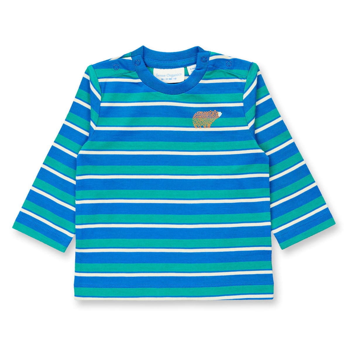 Sense Organics Baby Langarmshirt in Blau-petrolgrün geringelt, Modell ELAN, GOTS