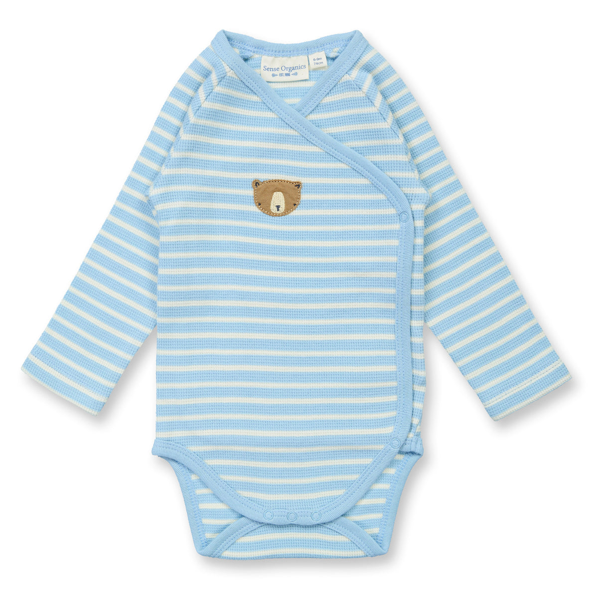 Sense Organics Wickelbody in Hellblau-Weiß geringelt, Modell YGON, GOTS