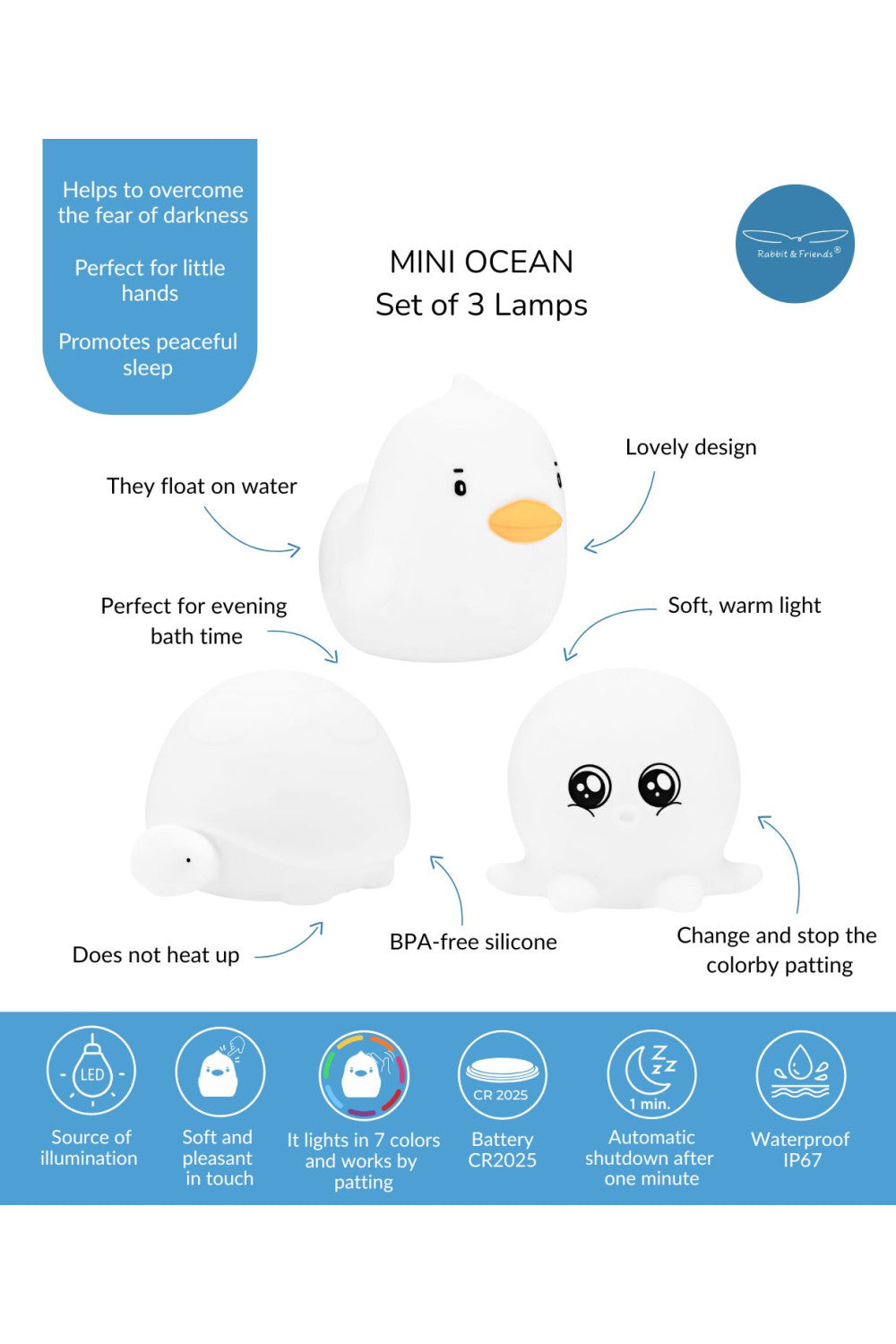 Rabbit & Friends Lampenset Mini Ocean aus Silikon