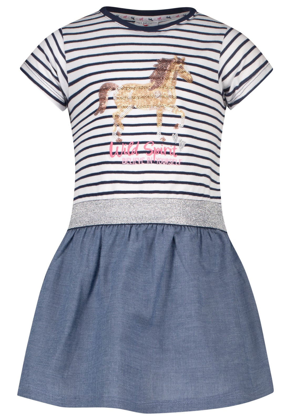Salt and Pepper Kurzarm Jerseykleid mit Chambray-Rock und Pailletten-Pferd