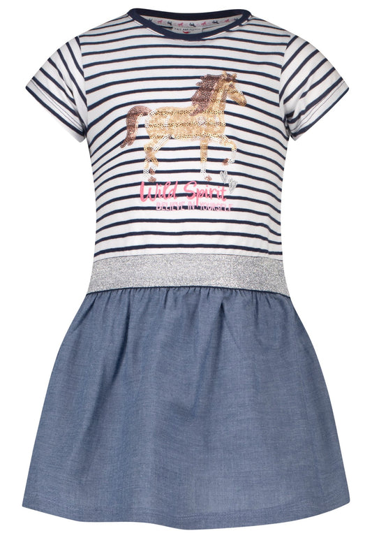 Salt and Pepper Kurzarm Jerseykleid mit Chambray-Rock und Pailletten-Pferd