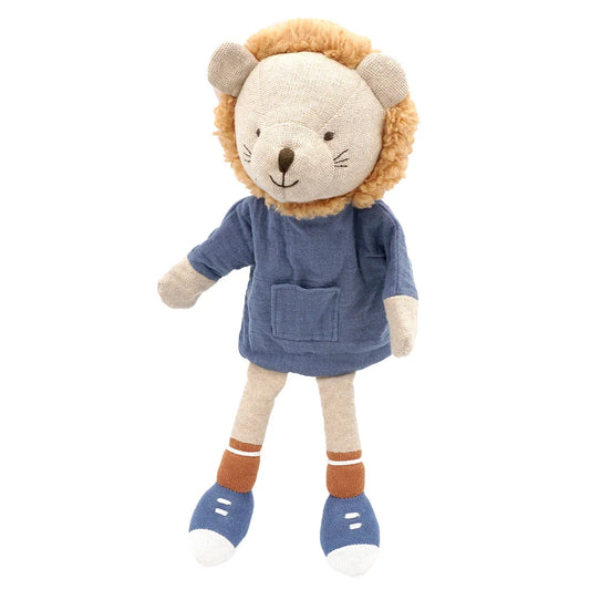 Maximo Handpuppe Löwe gestrickt und aus Musselin