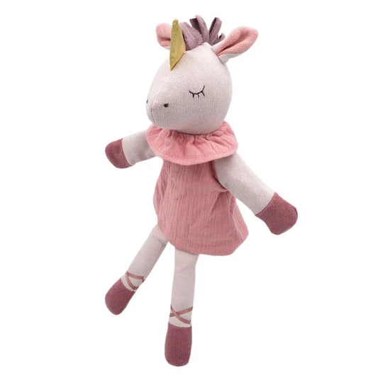 Maximo Handpuppe Einhorn gestrickt und aus Musselin