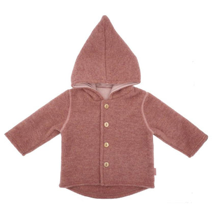 Maximo Baby-Jacke aus Wollfleece mit Kapuze und Knöpfen in heiderosemeliert GOTS