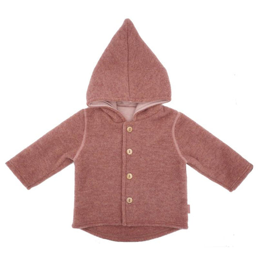 Maximo Baby-Jacke aus Wollfleece mit Kapuze und Knöpfen in heiderosemeliert GOTS
