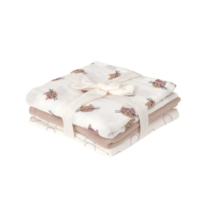 Lässig Mulltücher 3er Set 60 x 60 cm - Bio Baumwolle, Tiny Team, Katze