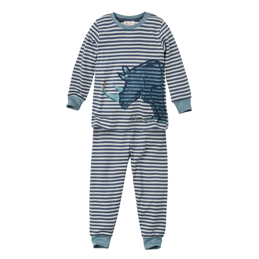 People Wear Organic Pyjama in dunkelblau geringelt mit Motiv "Nashorn" GOTS