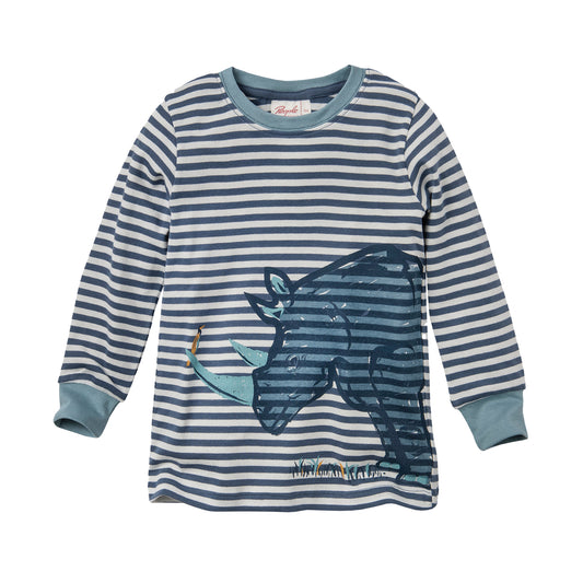 People Wear Organic Pyjama in dunkelblau geringelt mit Motiv "Nashorn" GOTS