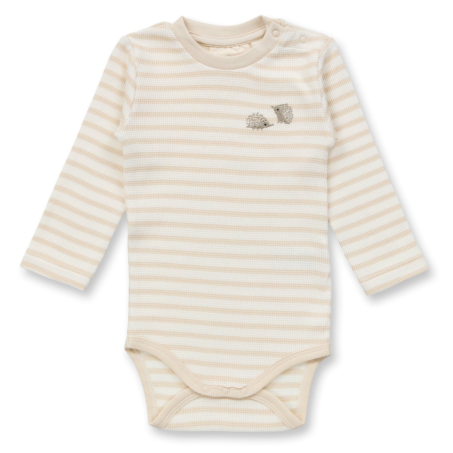 Sense Organics Baby Body cremefarben-weiß geringelt mit Igelstickerei, Modell VARIN, aus Bio-Baumwolle GOTS