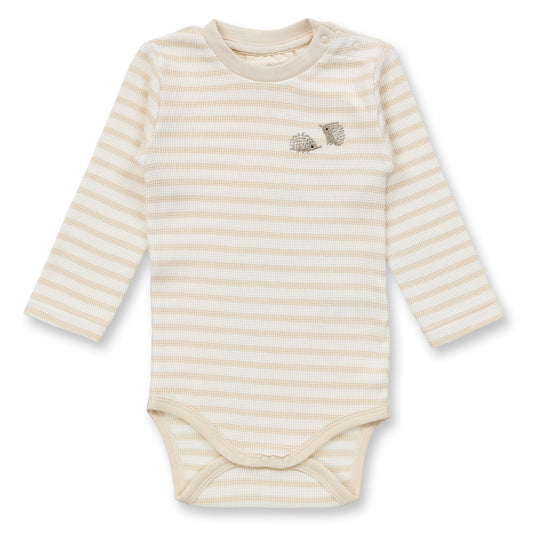 Sense Organics Baby Body cremefarben-weiß geringelt mit Igelstickerei, Modell VARIN, aus Bio-Baumwolle GOTS