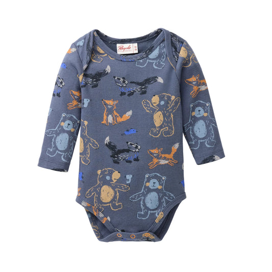 People Wear Organic Langarm Body in indigoblau mit Waldtierprint aus Bio-Baumwolle GOTS