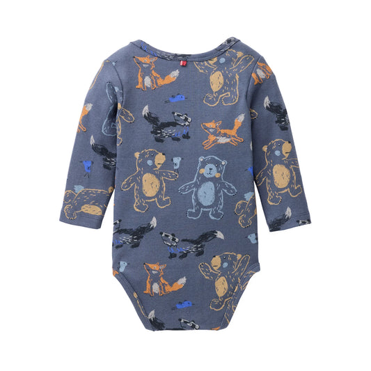 People Wear Organic Langarm Body in indigoblau mit Waldtierprint aus Bio-Baumwolle GOTS