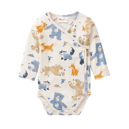 People Wear Organic Langarm Wickelbody in beige mit Waldtierprint aus Bio-Baumwolle GOTS