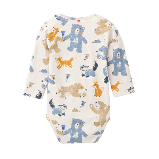 People Wear Organic Langarm Wickelbody in beige mit Waldtierprint aus Bio-Baumwolle GOTS