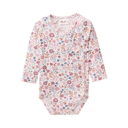 People Wear Organic Langarm Wickelbody in rosenholz bedruckt mit Herbstblüten aus Bio-Baumwolle GOTS