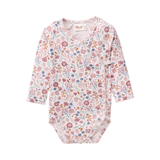People Wear Organic Langarm Wickelbody in rosenholz bedruckt mit Herbstblüten aus Bio-Baumwolle GOTS