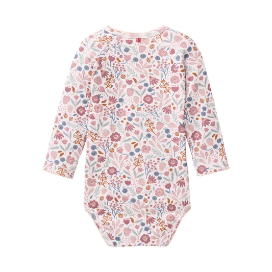 People Wear Organic Langarm Wickelbody in rosenholz bedruckt mit Herbstblüten aus Bio-Baumwolle GOTS