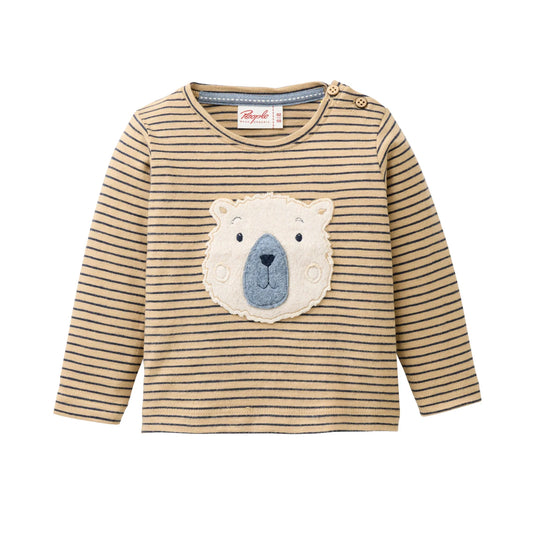 People Wear Organic Langarm Shirt in beige geringelt mit Applikation "Bär"aus Bio-Baumwolle GOTS