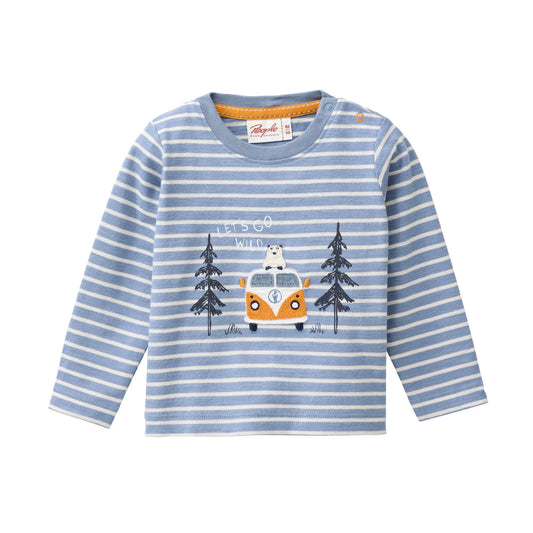 People Wear Organic Langarm Shirt in blau geringelt mit Van-Applikaton aus Bio-Baumwolle GOTS