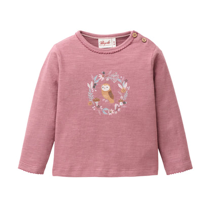 People Wear Organic Langarm Shirt in dunkelmalve mit Eulenprint aus Bio-Baumwolle GOTS